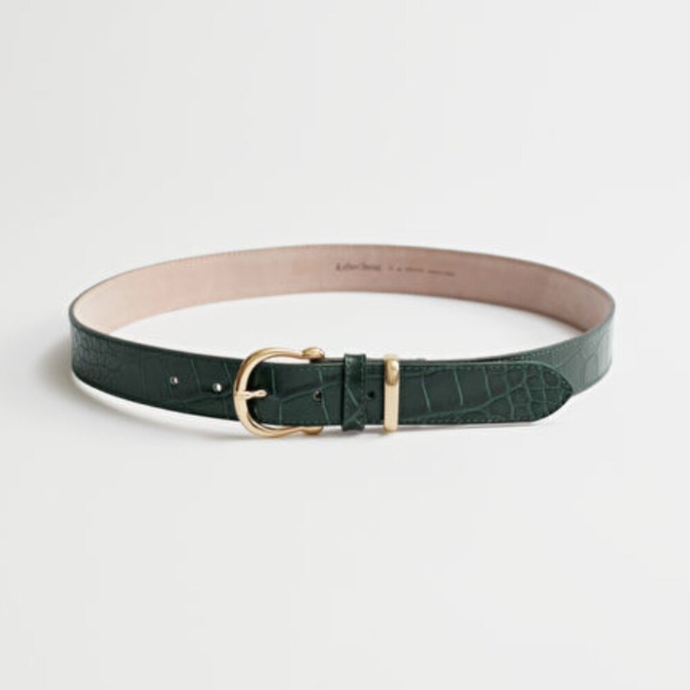 & Other Stories Croc Embossed Leather Belt - Dark Green - Size S